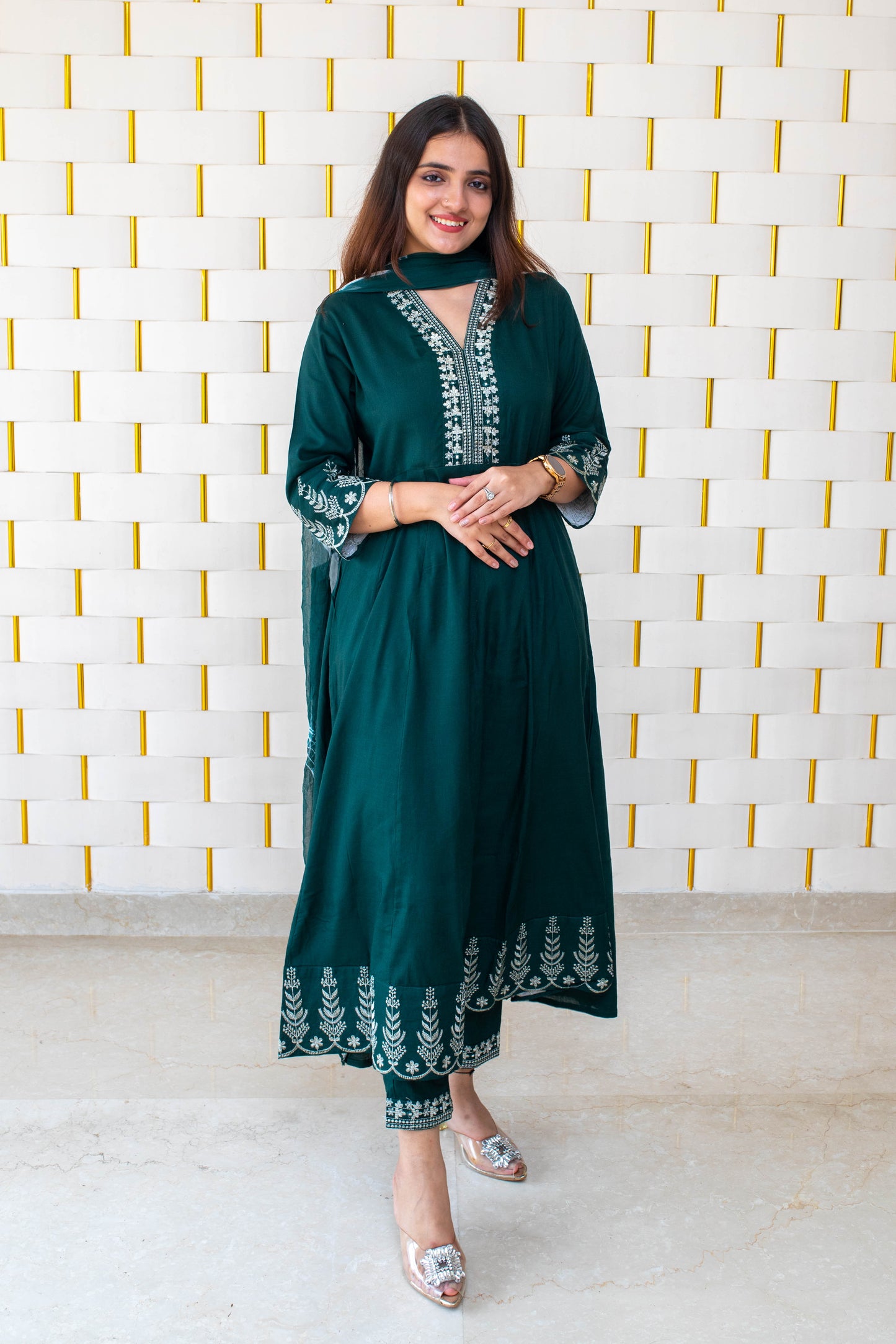 Peacock green suit with white kadhai