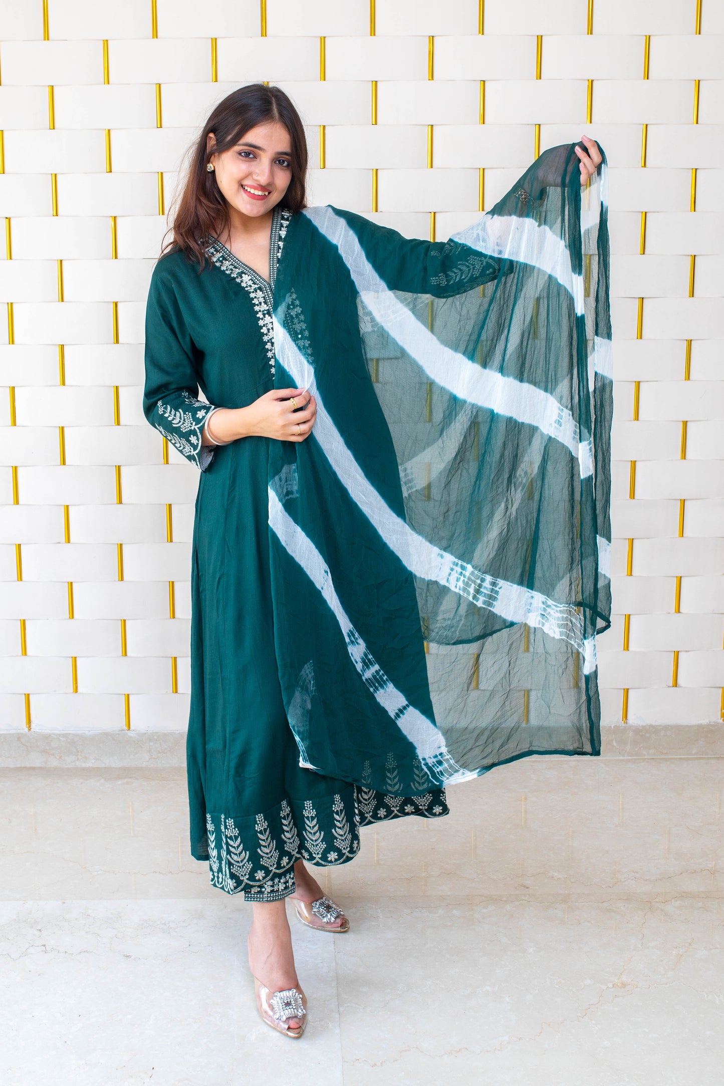 Peacock green suit with white kadhai