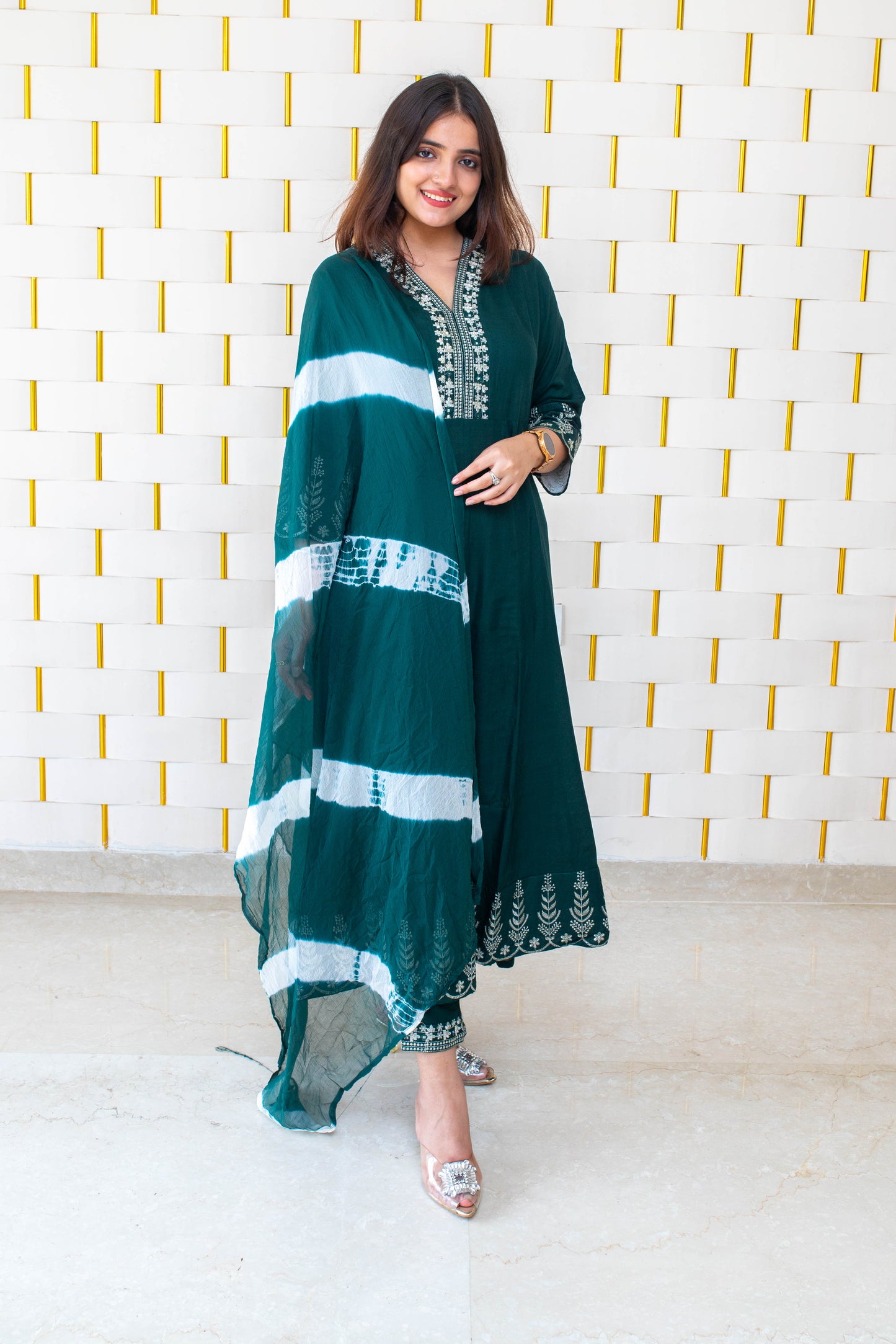Peacock green suit with white kadhai
