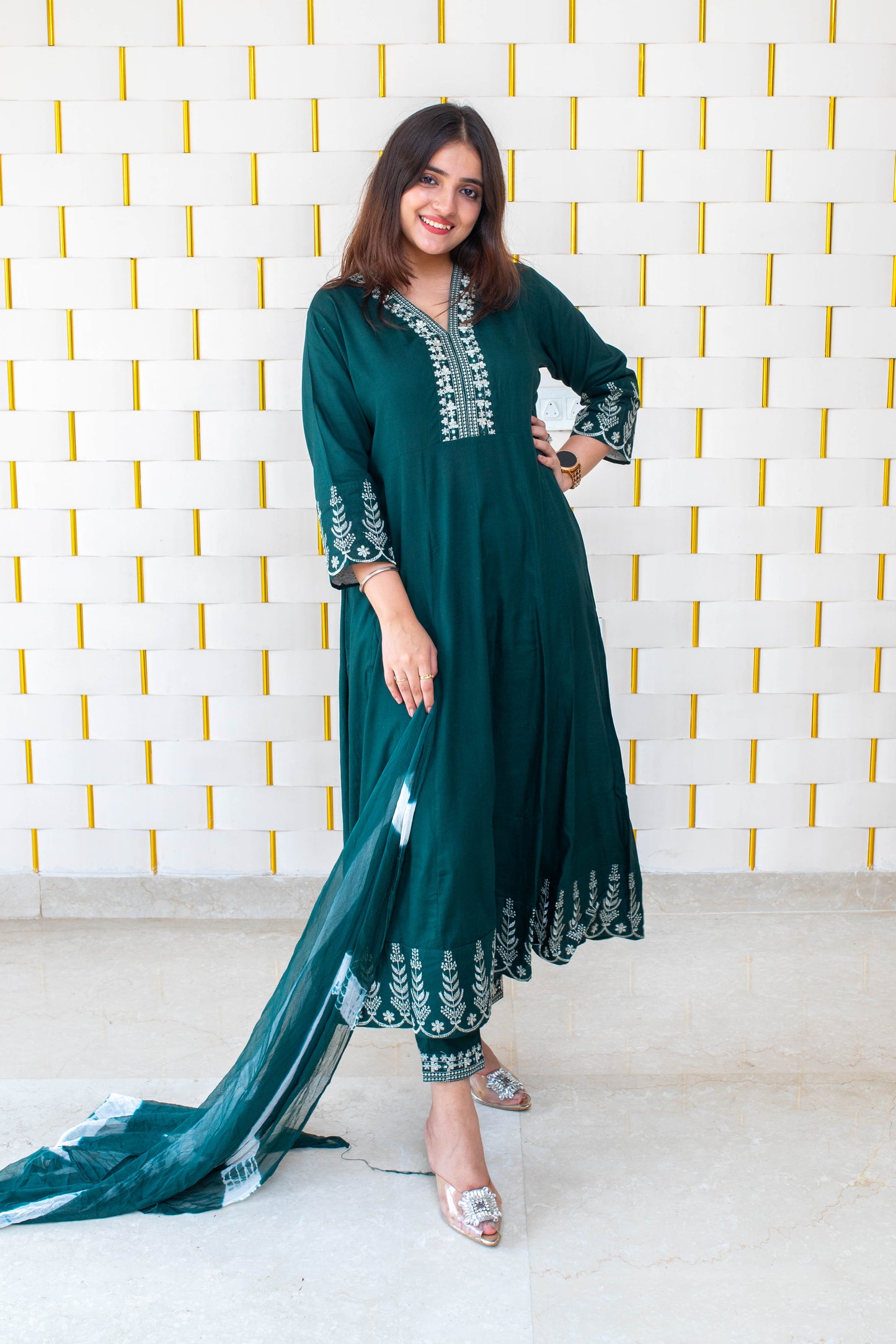Peacock green suit with white kadhai