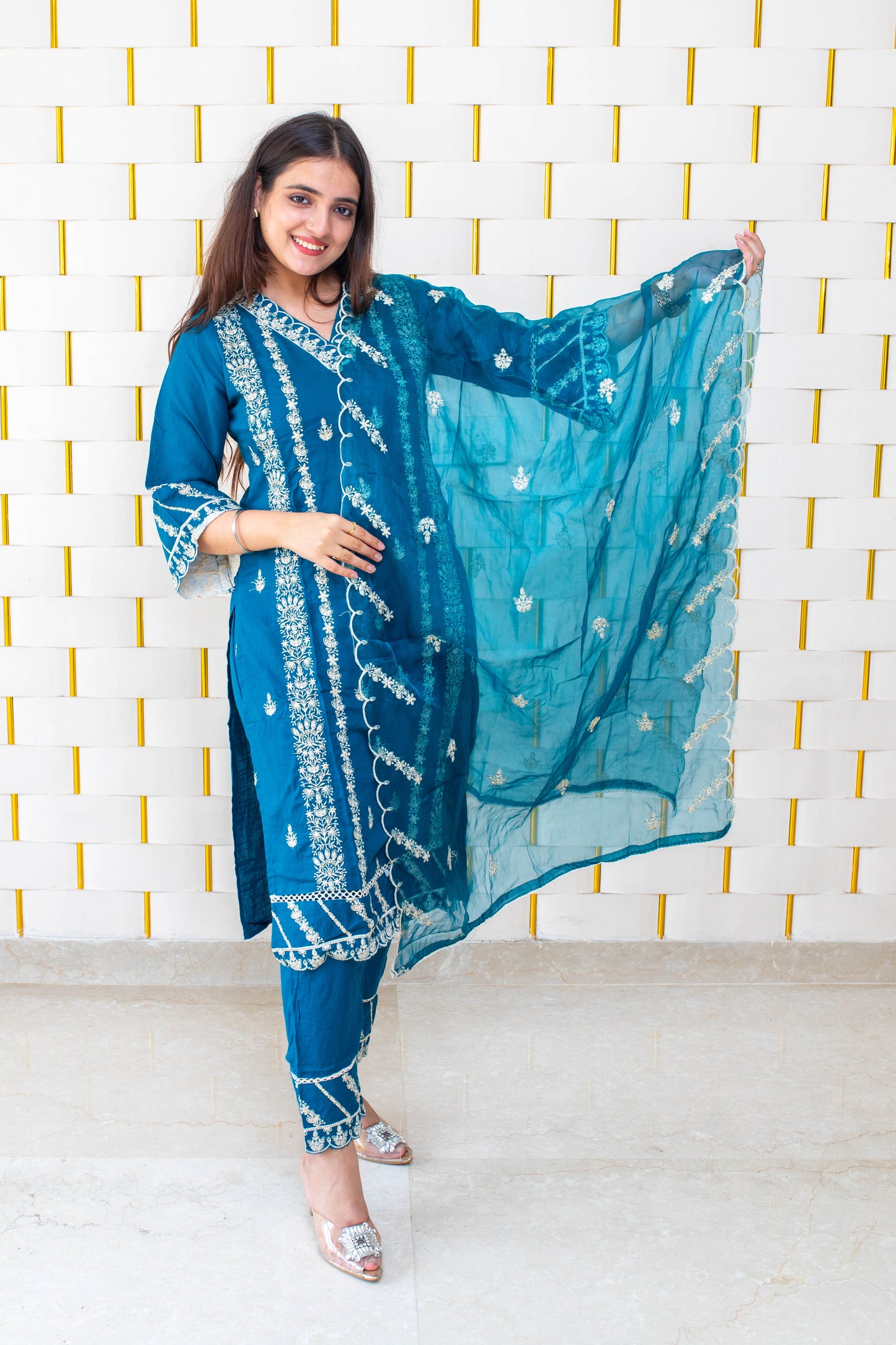 Peacock Blue Suit with White Kadhai work and Net Duppatta