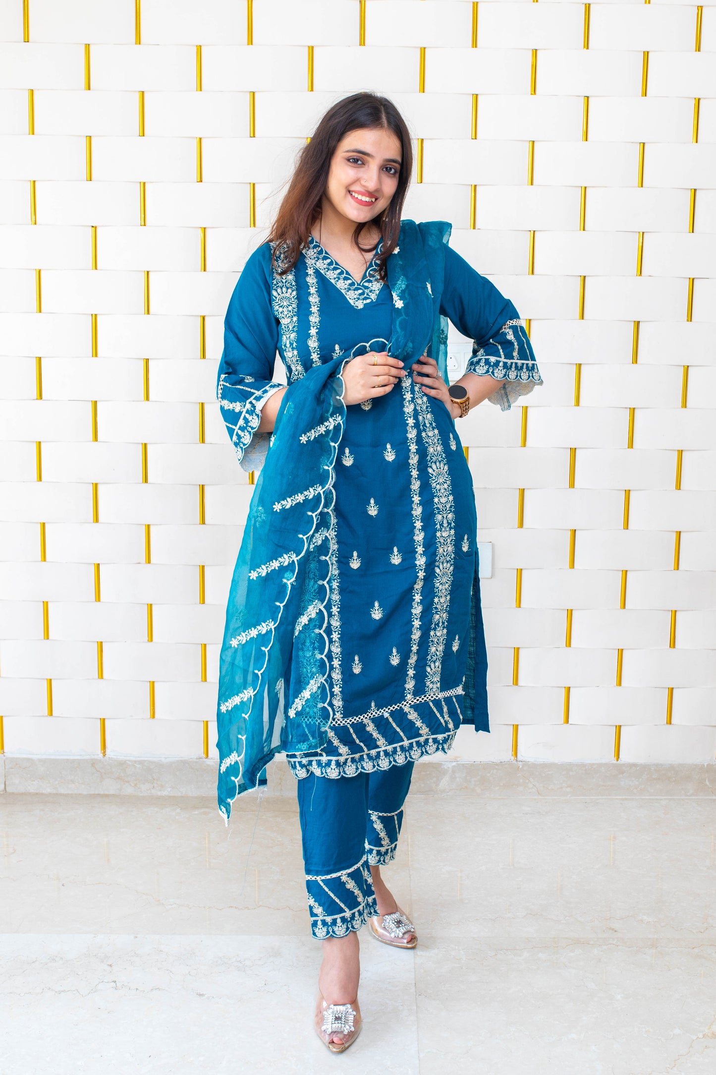 Peacock Blue Suit with White Kadhai work and Net Duppatta