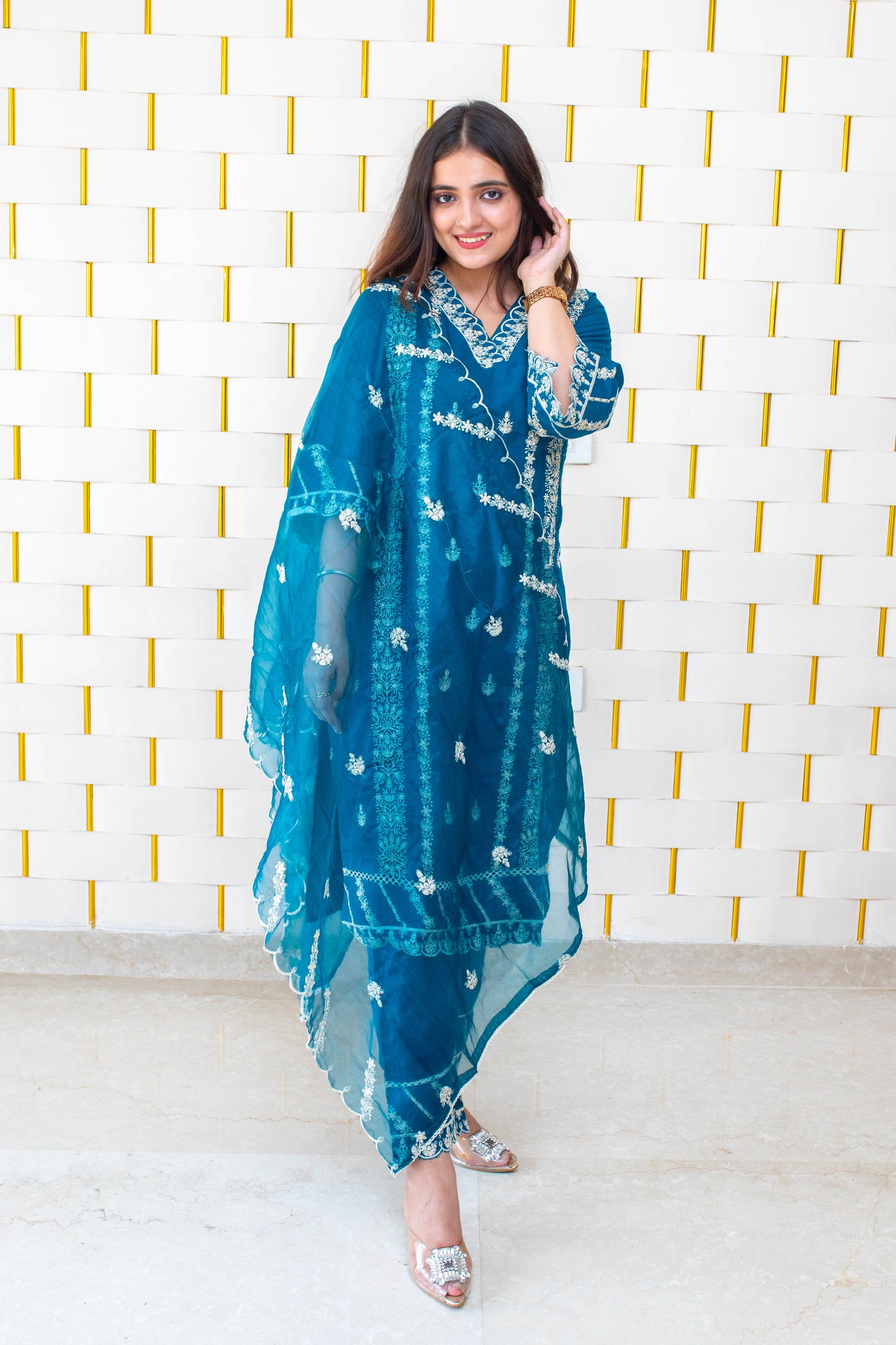 Peacock Blue Suit with White Kadhai work and Net Duppatta