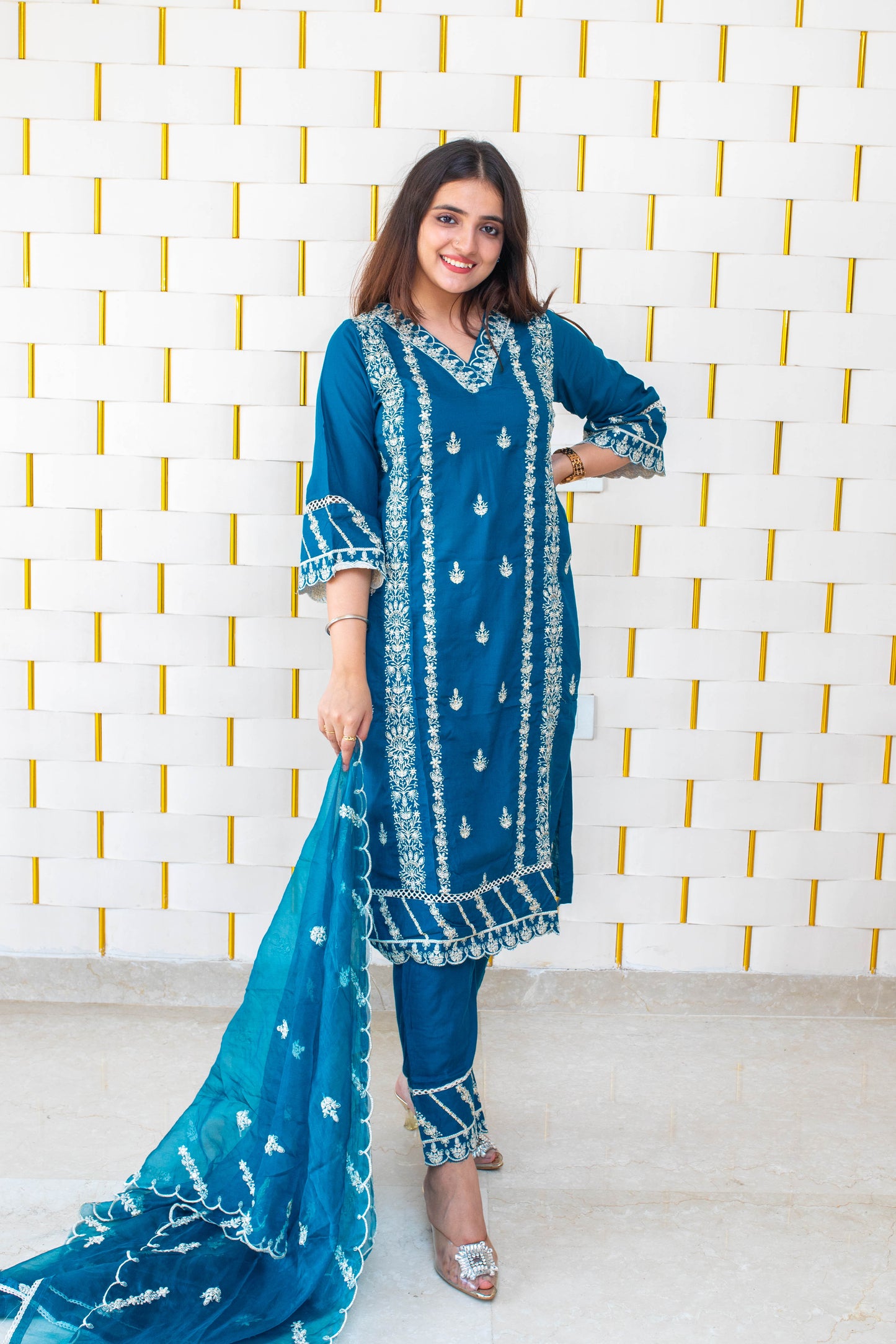 Peacock Blue Suit with White Kadhai work and Net Duppatta