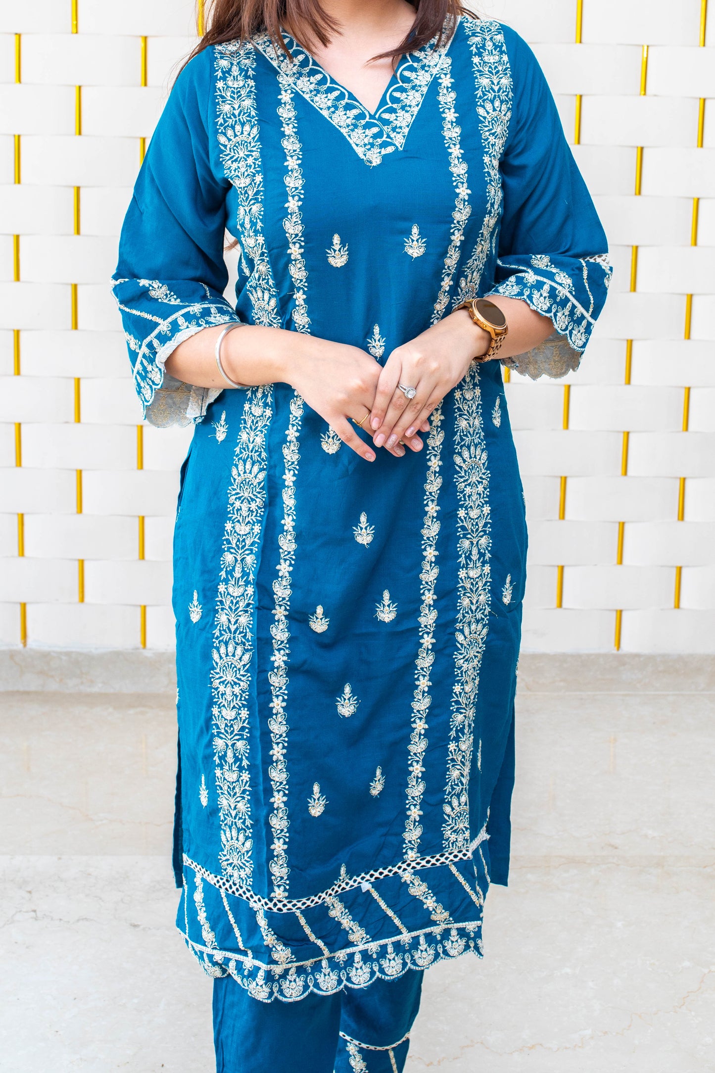 Peacock Blue Suit with White Kadhai work and Net Duppatta