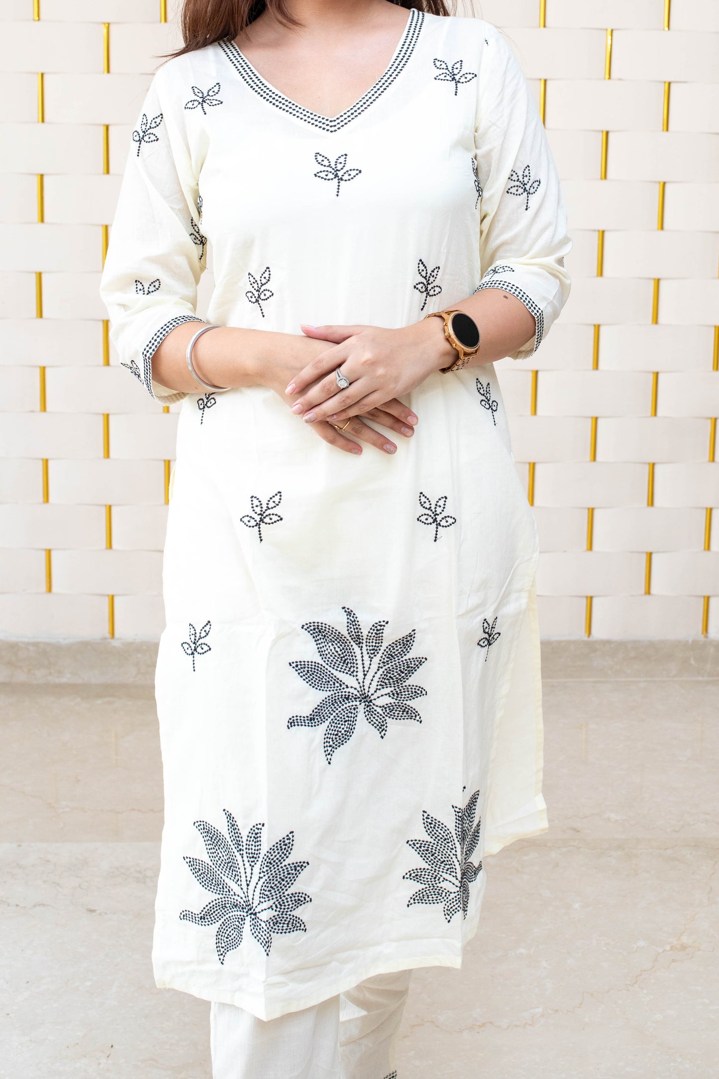 Off-White Kurta with Black Embroidery