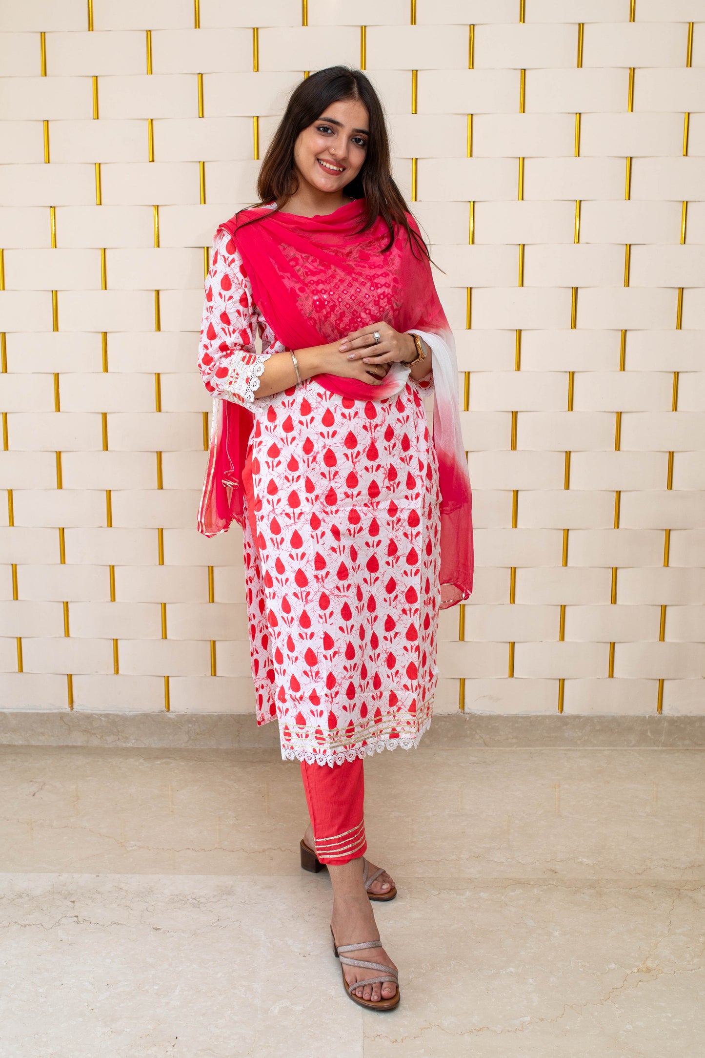 White and Pink Suit with kadhai work and chiffon Dupatta