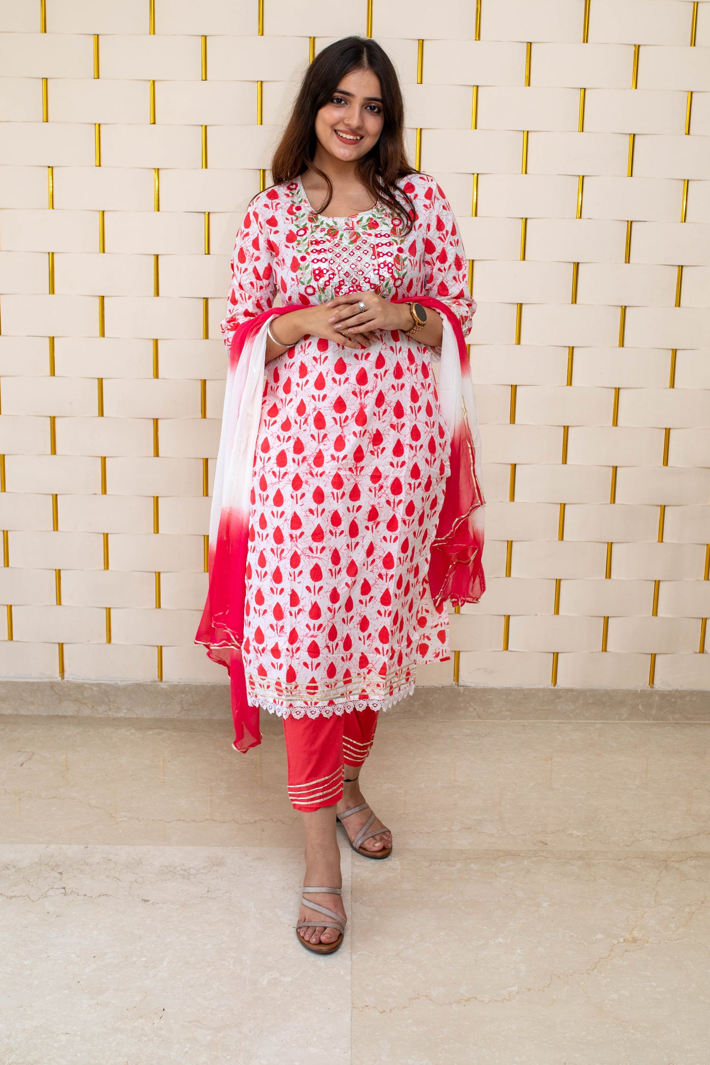 White and Pink Suit with kadhai work and chiffon Dupatta
