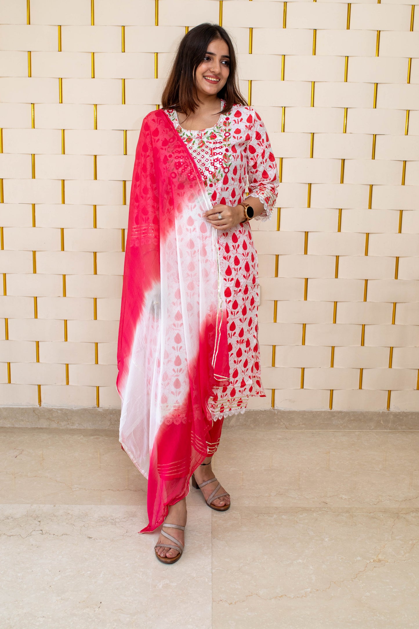 White and Pink Suit with kadhai work and chiffon Dupatta