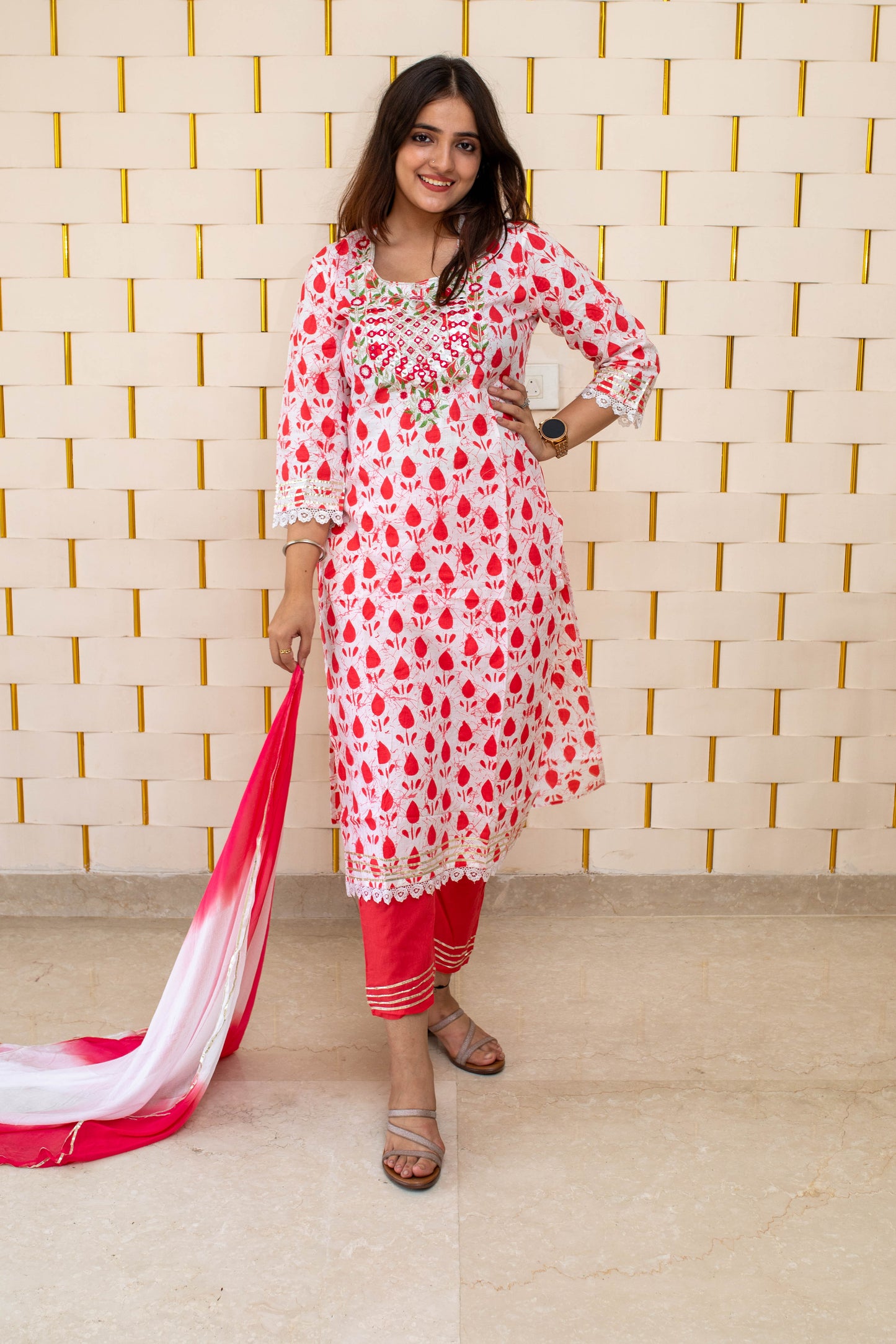 White and Pink Suit with kadhai work and chiffon Dupatta