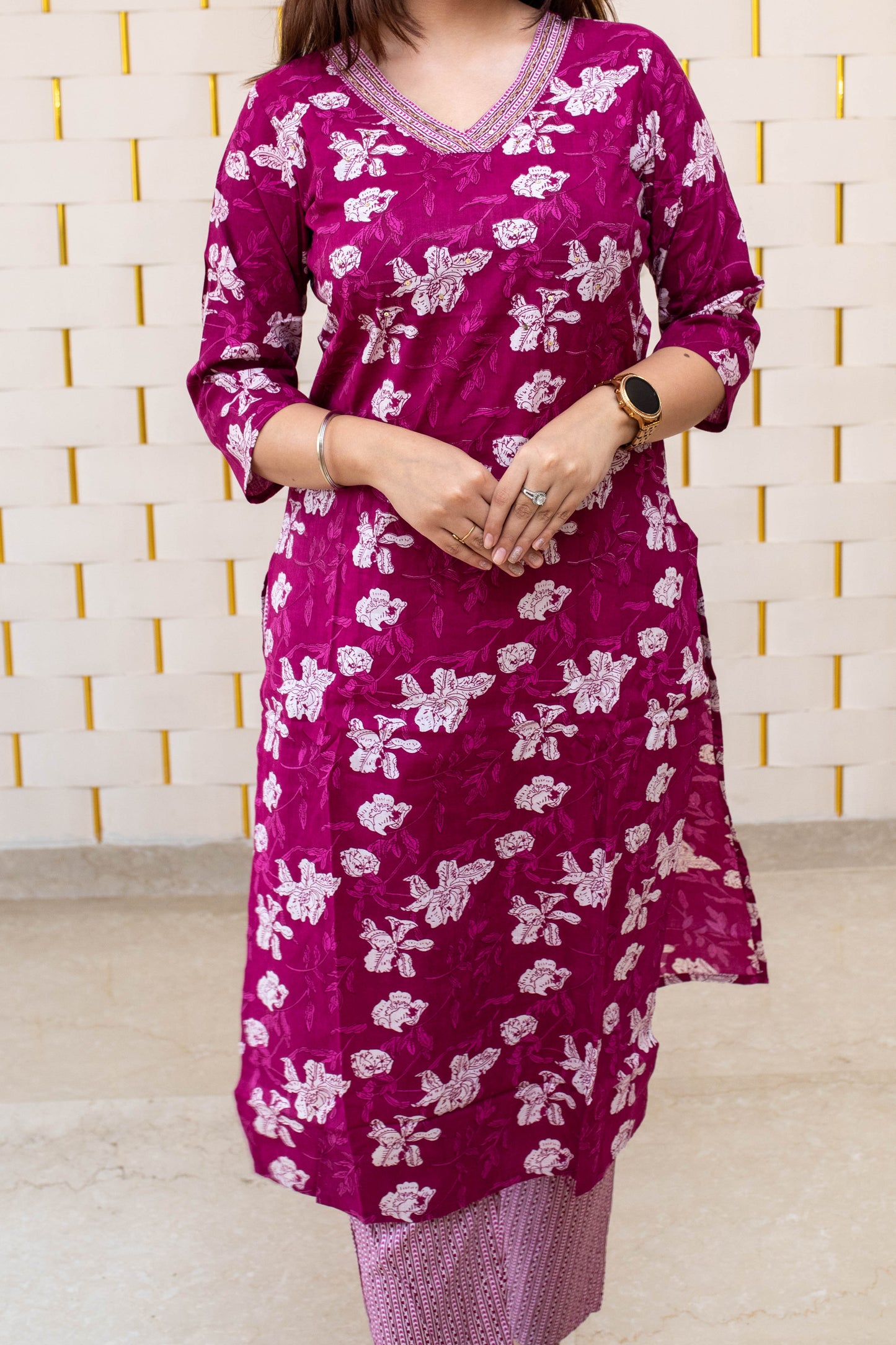 Purple Cotton Suit with Floral Prints and Dupatta