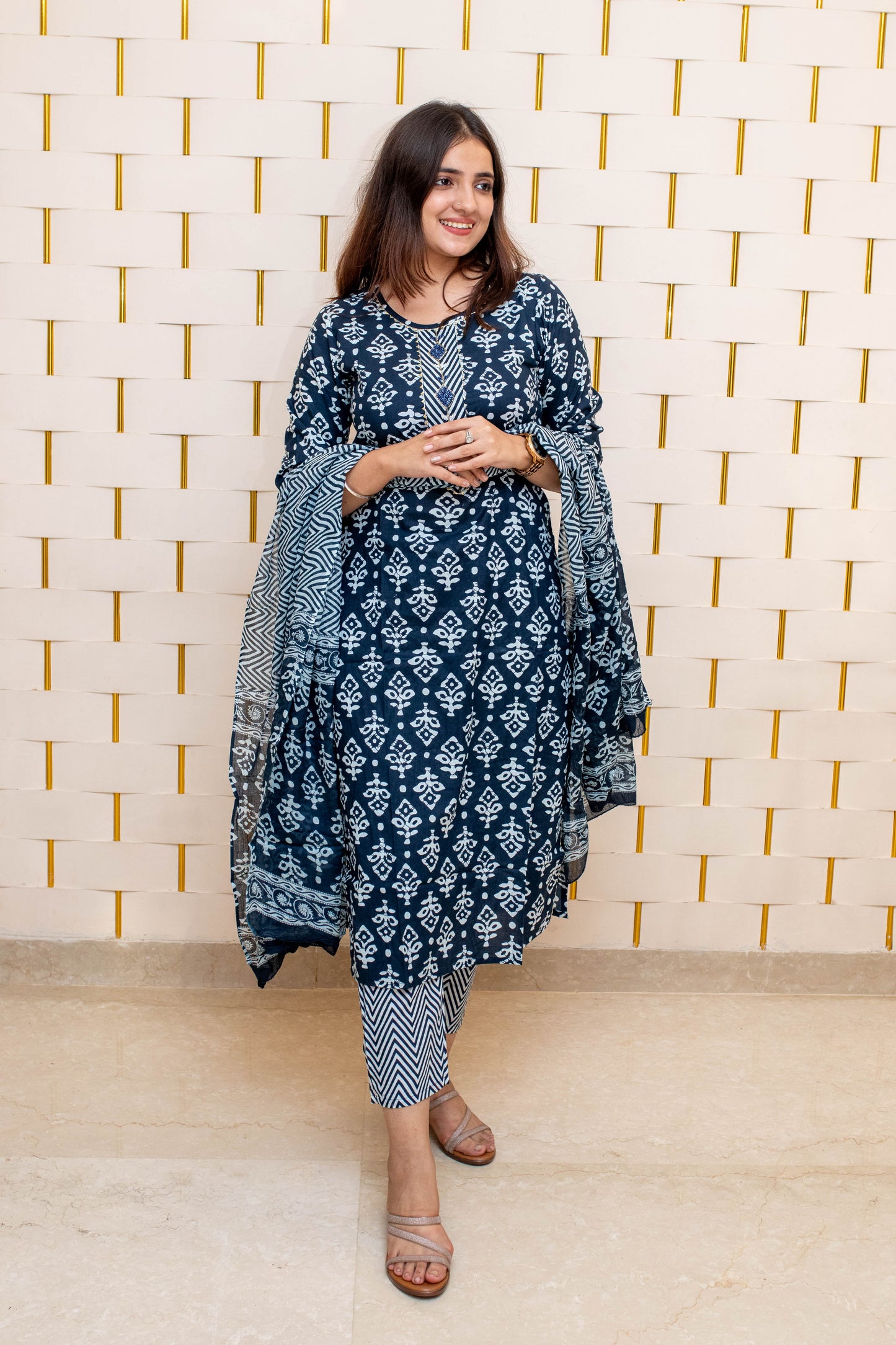 Navy Blue Block Print Suit with Golden Lace and Contrasting Blue Beads with Zig-zag Dupatta Print
