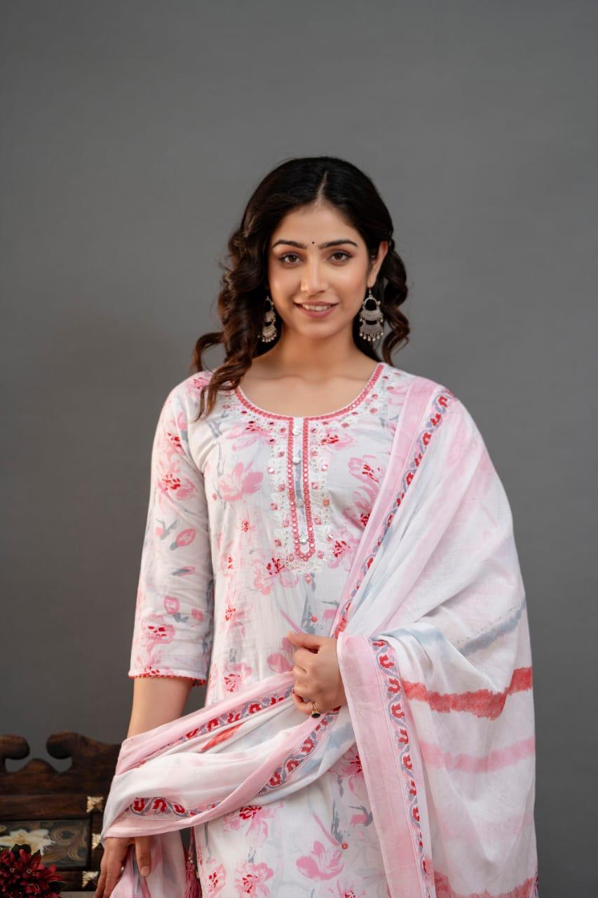 Graceful Pink and White Cotton Kurti Suit with Timeless Elegance