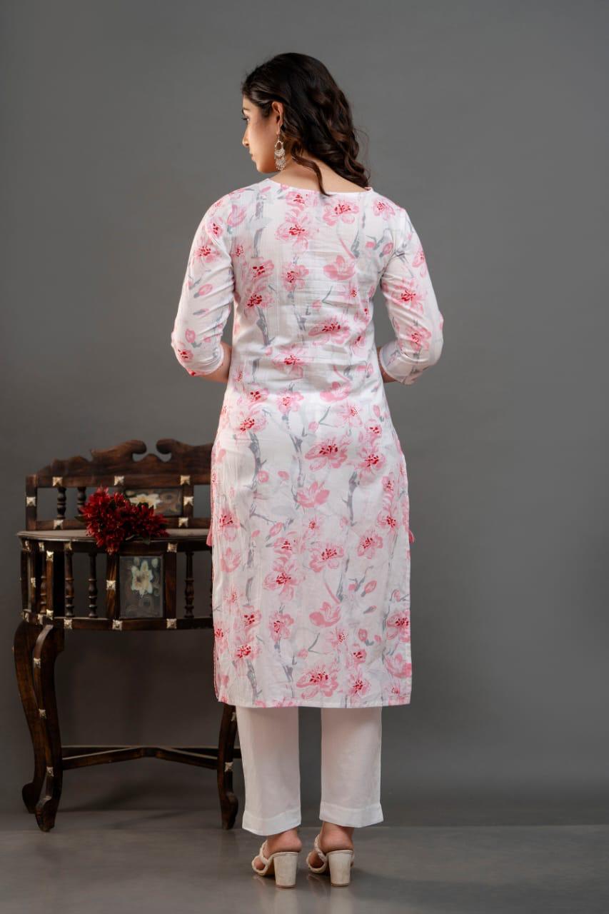 Graceful Pink and White Cotton Kurti Suit with Timeless Elegance