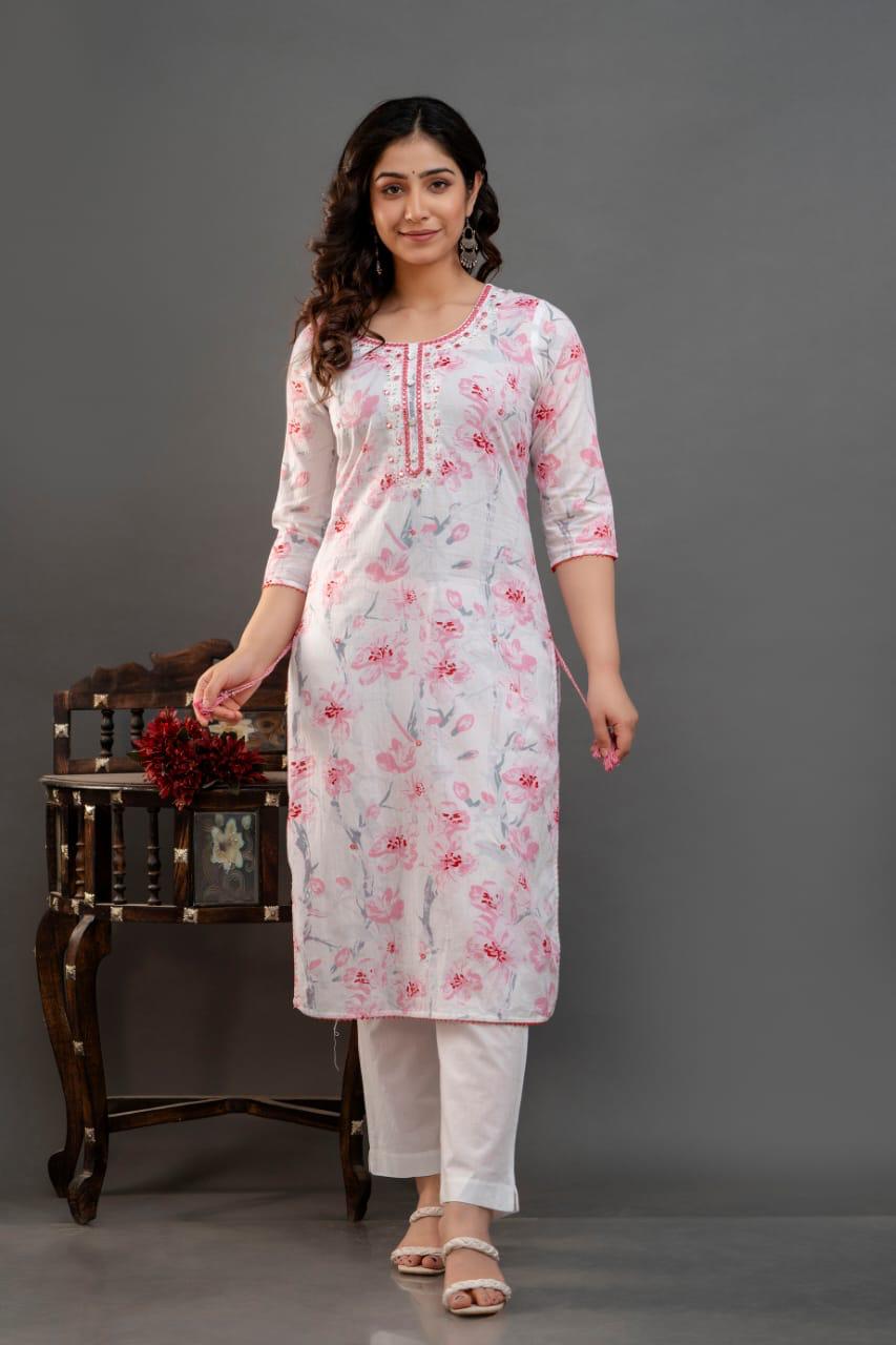 Graceful Pink and White Cotton Kurti Suit with Timeless Elegance