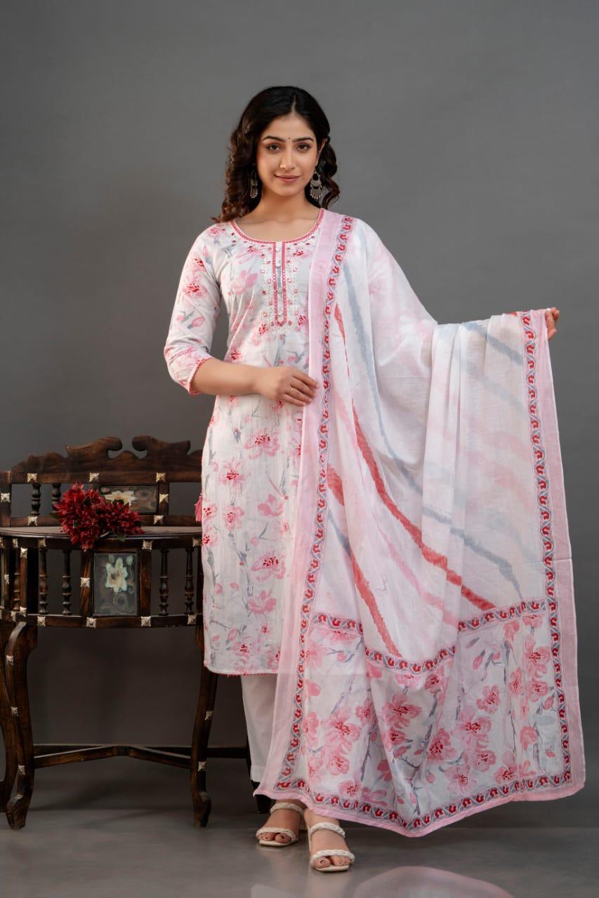 Graceful Pink and White Cotton Kurti Suit with Timeless Elegance