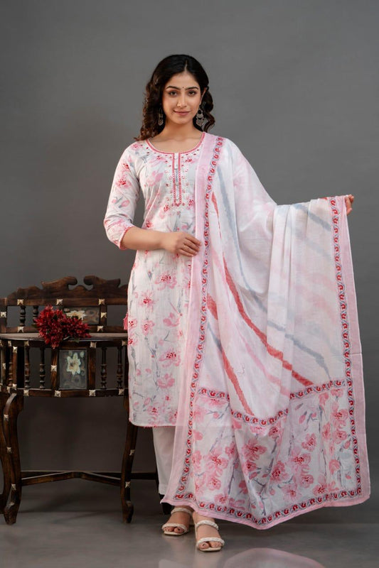 Graceful Pink and White Cotton Kurti Suit with Timeless Elegance