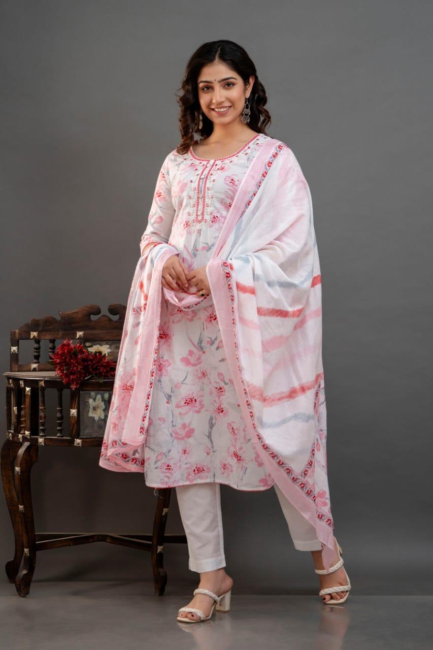 Graceful Pink and White Cotton Kurti Suit with Timeless Elegance