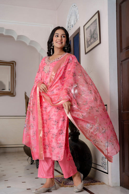 Pink Silk with Floral Print