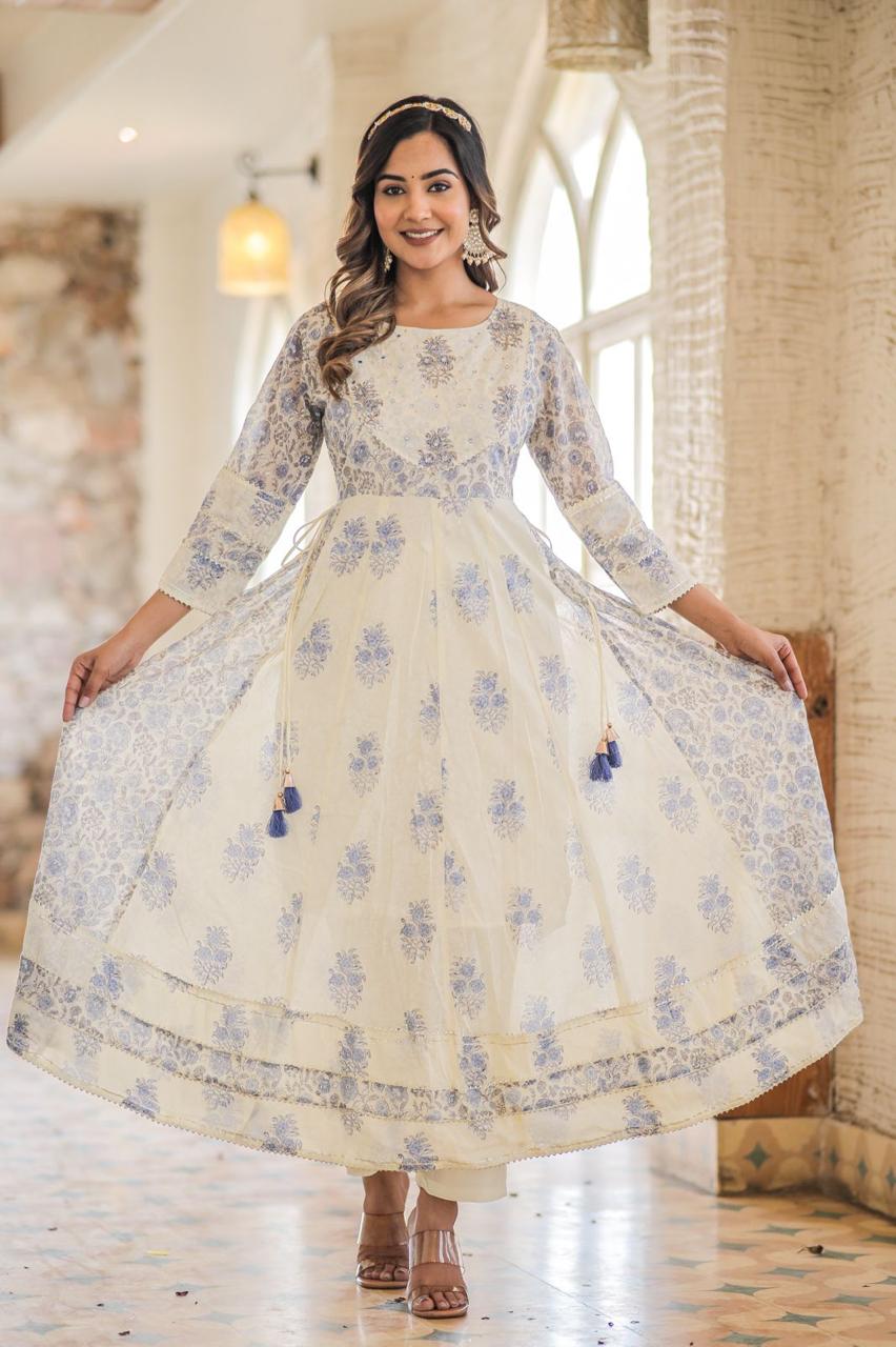 White Anarkali with block print
