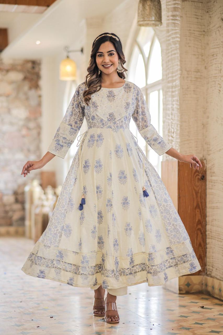 White Anarkali with block print