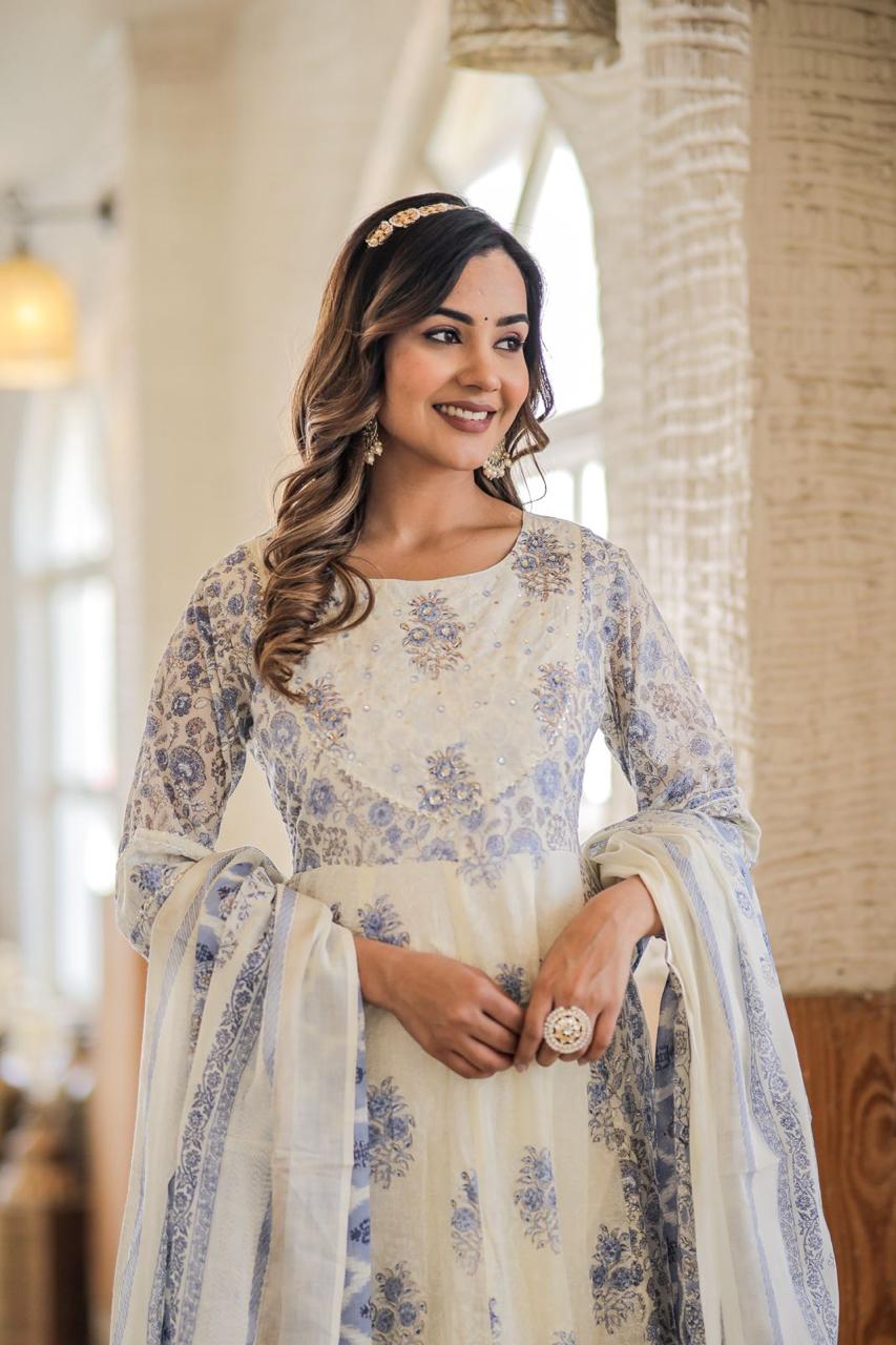 White Anarkali with block print