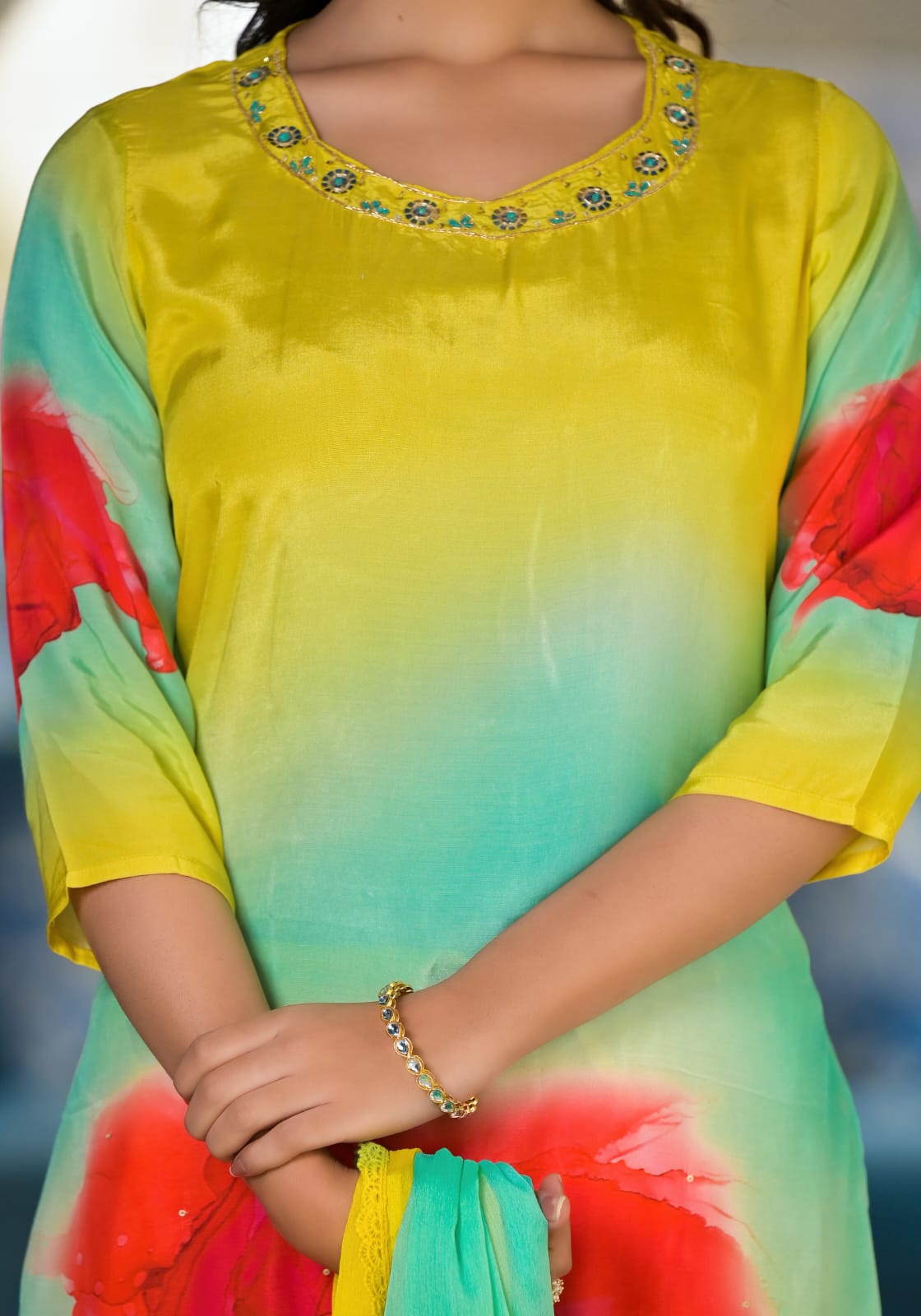Parrot Green multicolor Silk Suit