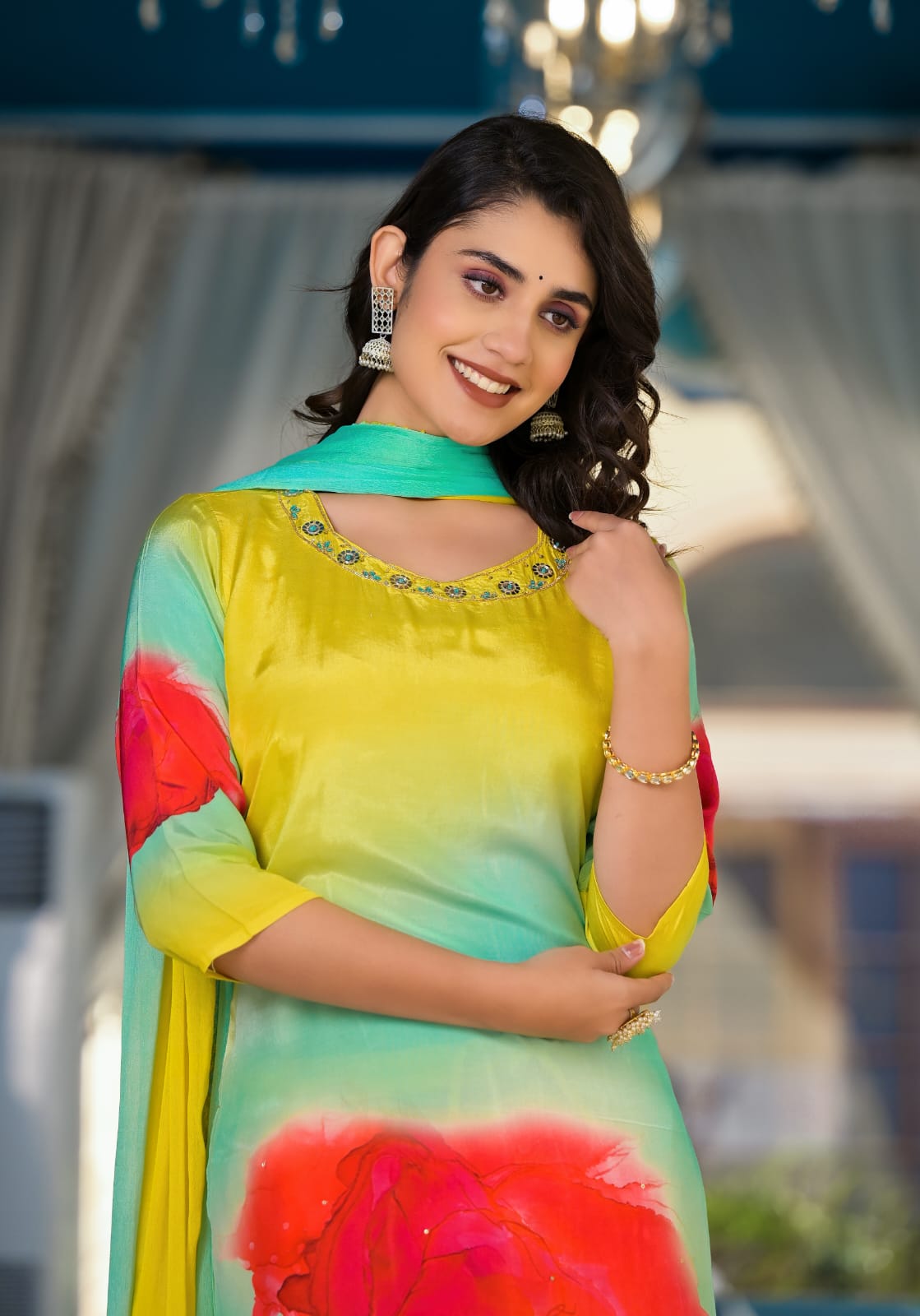 Parrot Green multicolor Silk Suit