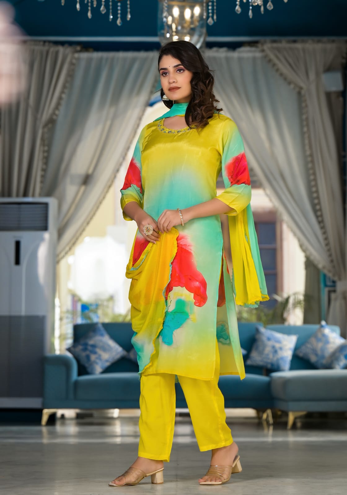 Parrot Green multicolor Silk Suit