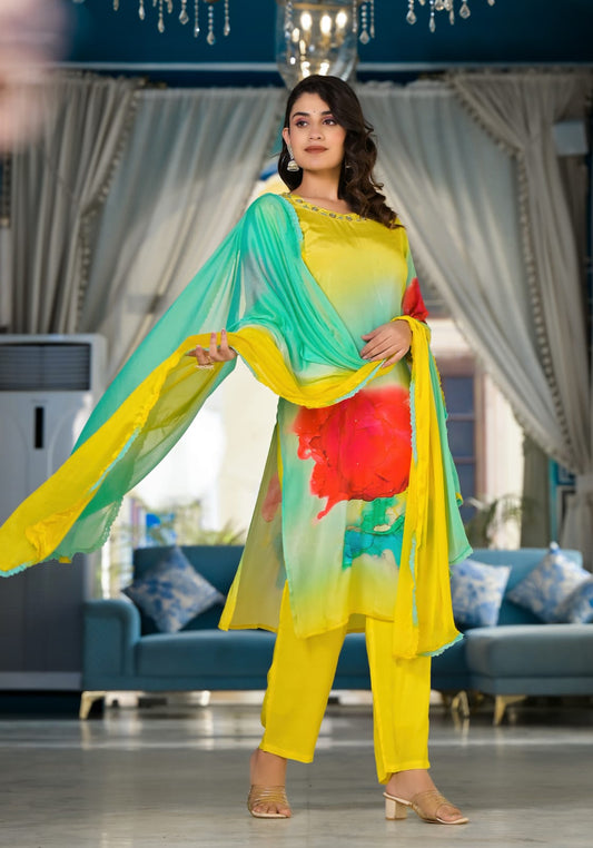 Parrot Green multicolor Silk Suit