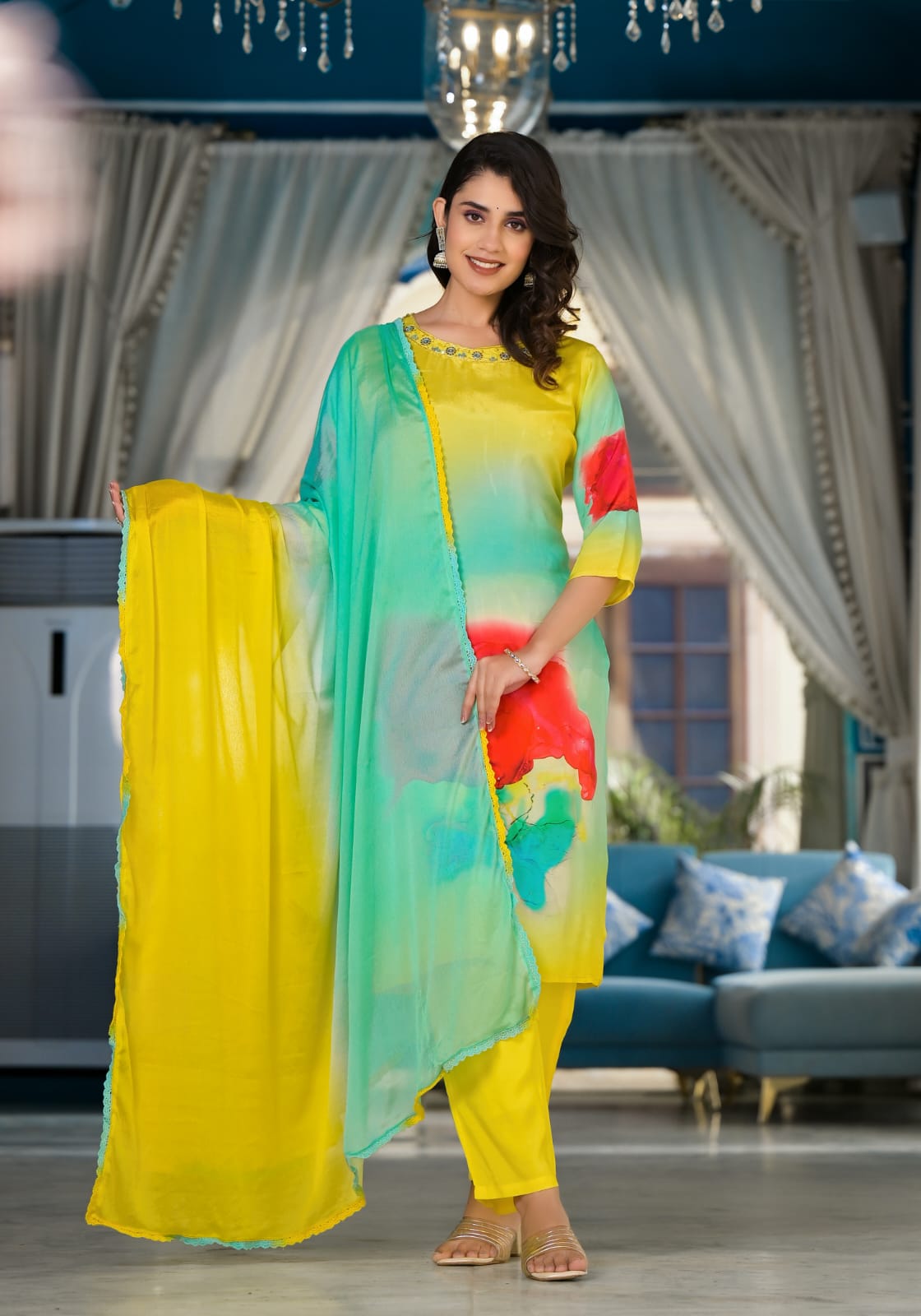 Parrot Green multicolor Silk Suit