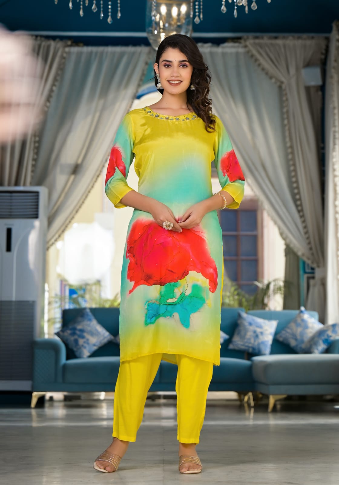 Parrot Green multicolor Silk Suit