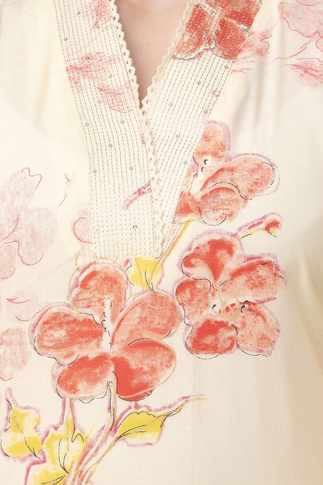 Red floral print with Lehria print dupatta Kurta Set