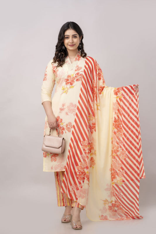 Red floral print with Lehria print dupatta Kurta Set