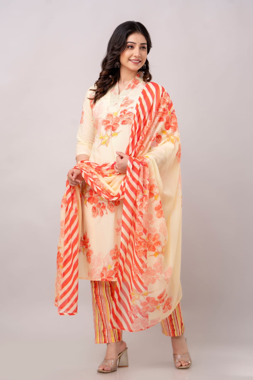 Red floral print with Lehria print dupatta Kurta Set
