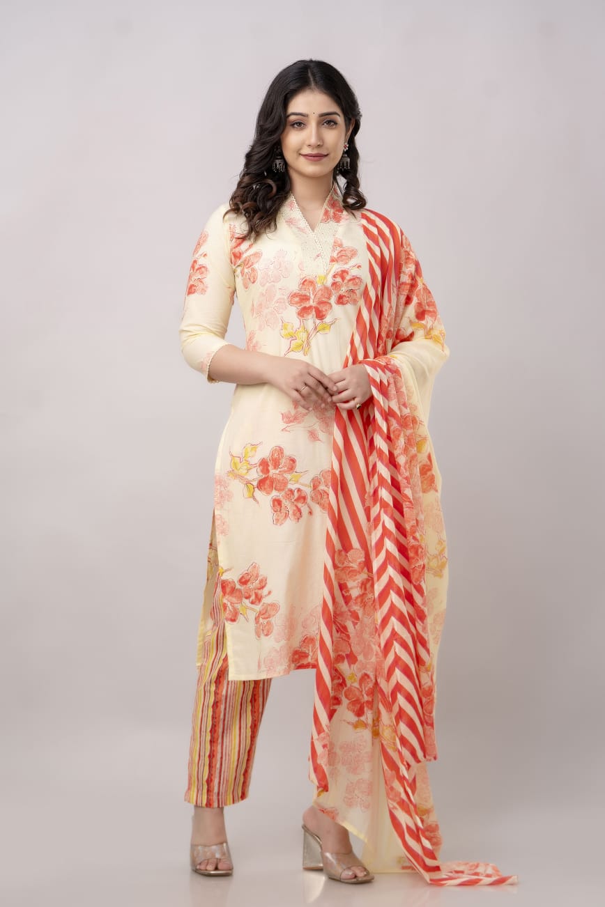 Red floral print with Lehria print dupatta Kurta Set