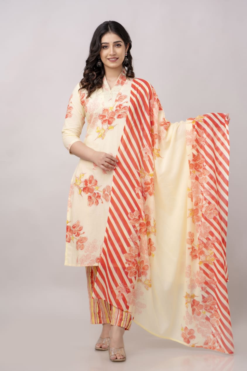 Red floral print with Lehria print dupatta Kurta Set