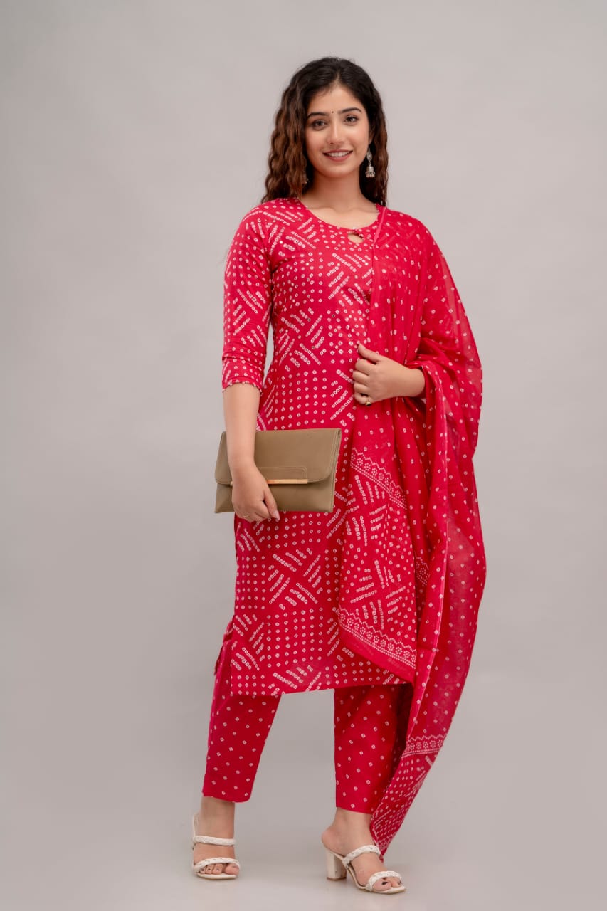 Red Bandhej Kurta Set
