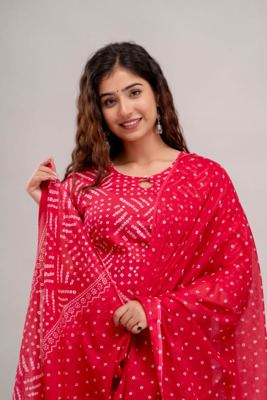 Red Bandhej Kurta Set