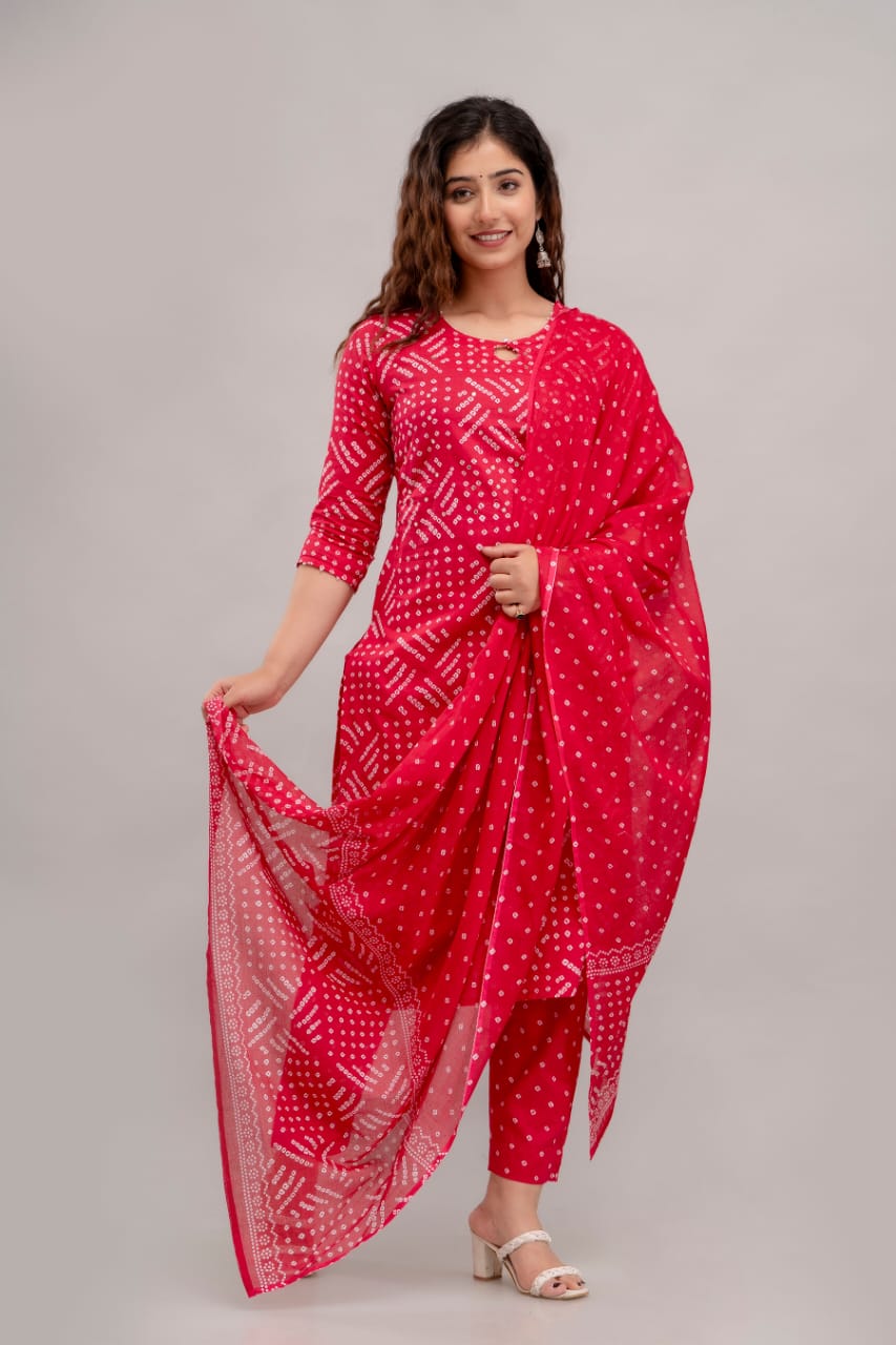 Red Bandhej Kurta Set