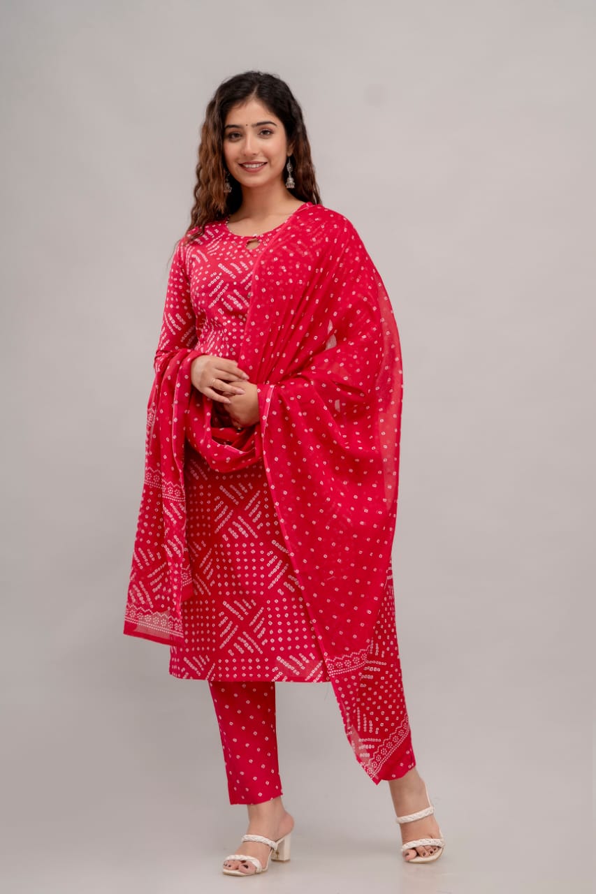 Red Bandhej Kurta Set