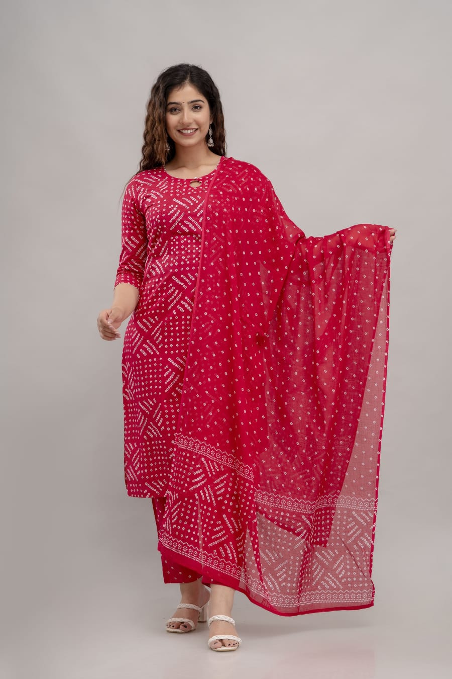 Red Bandhej Kurta Set