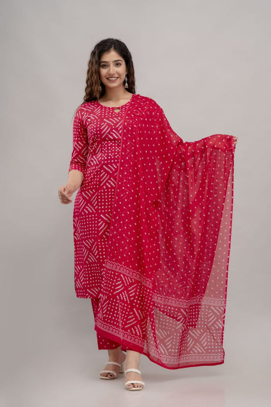 Red Bandhej Kurta Set