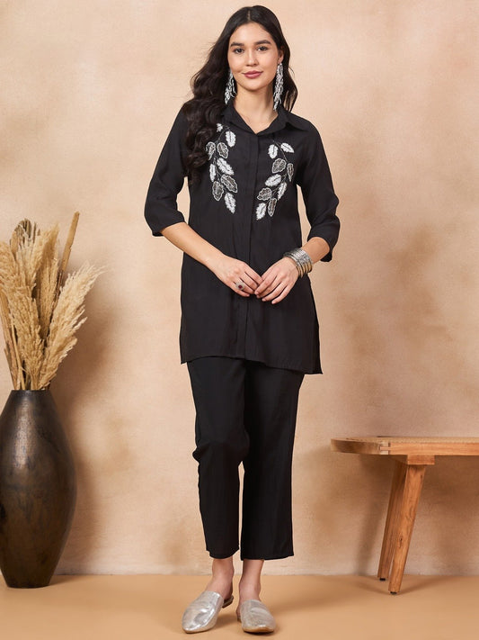 Black Co-Ord set with Silver Leaf Work