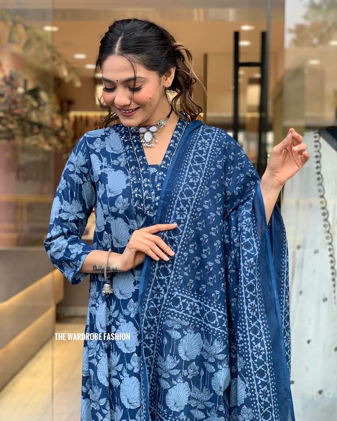 Cotton blue white floral block prints