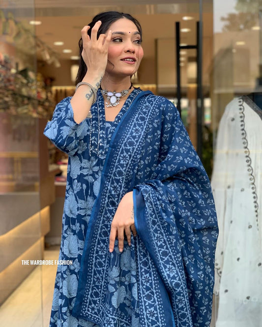 Cotton blue white floral block prints