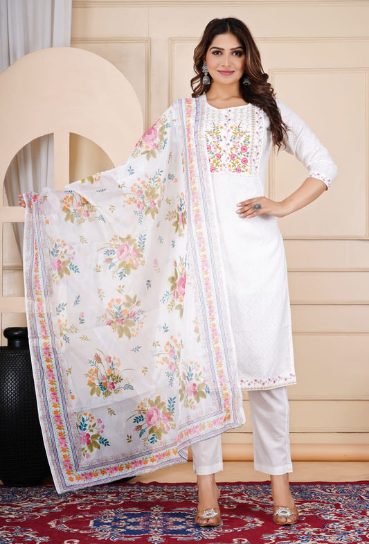 Cotton Plain White Red Floral Embroidery