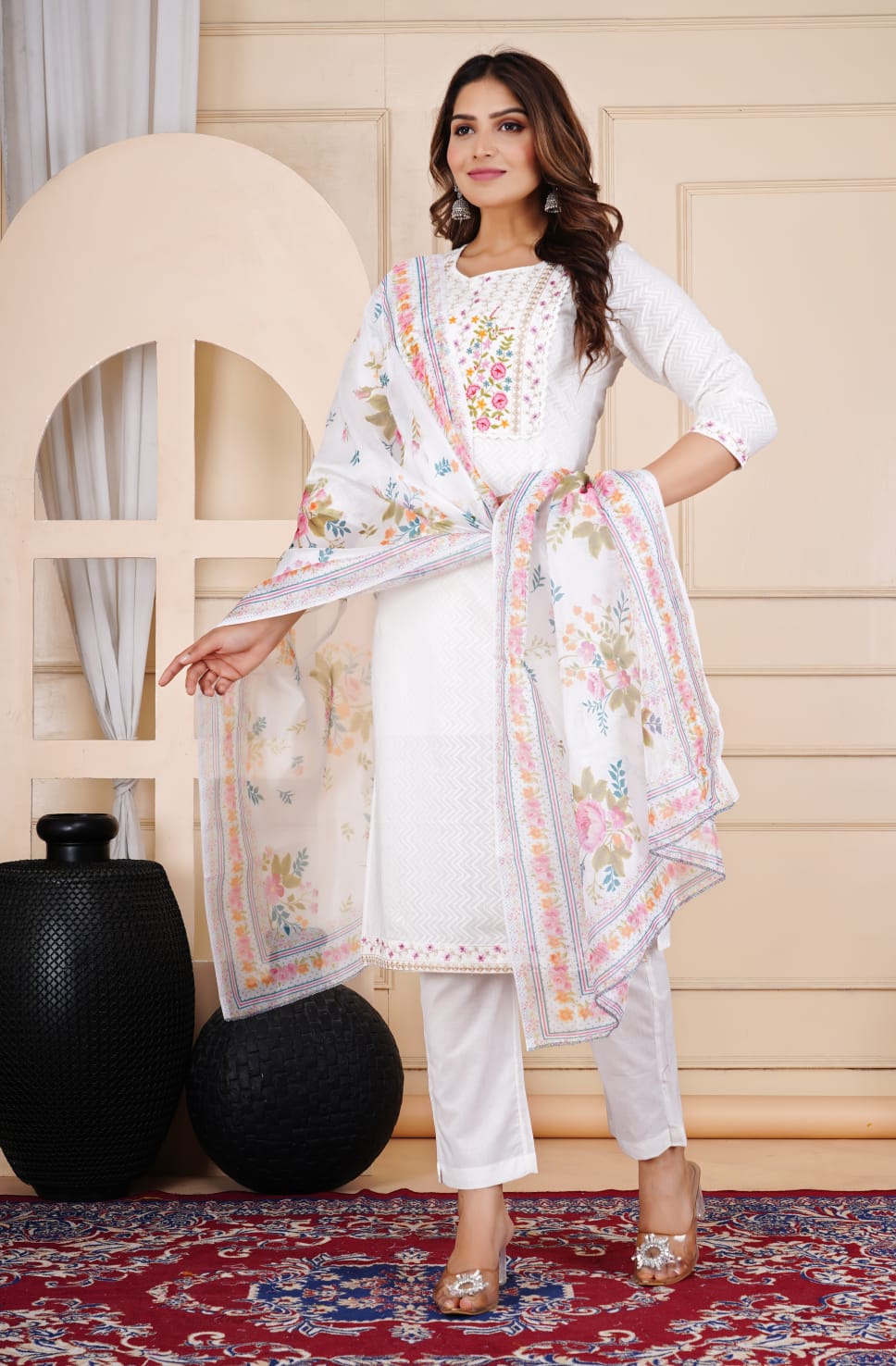 Cotton Plain White Red Floral Embroidery