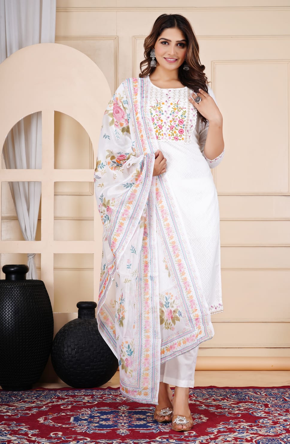 Cotton Plain White Red Floral Embroidery