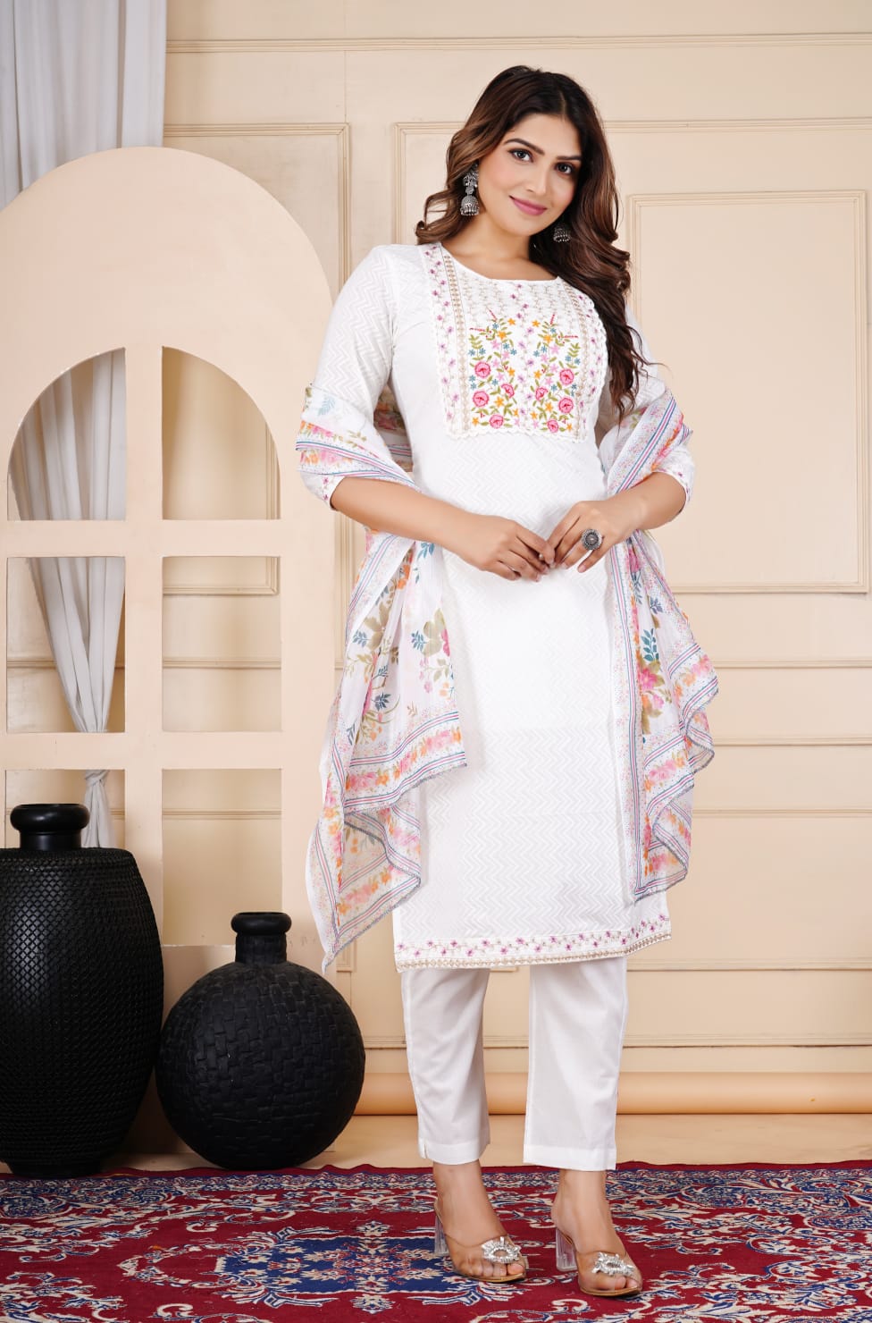 Cotton Plain White Red Floral Embroidery
